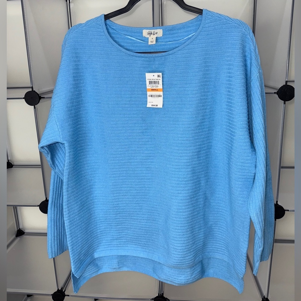 Style & Co Boatneck Rib Pullover Oversized Sweater Bright Skies Size S